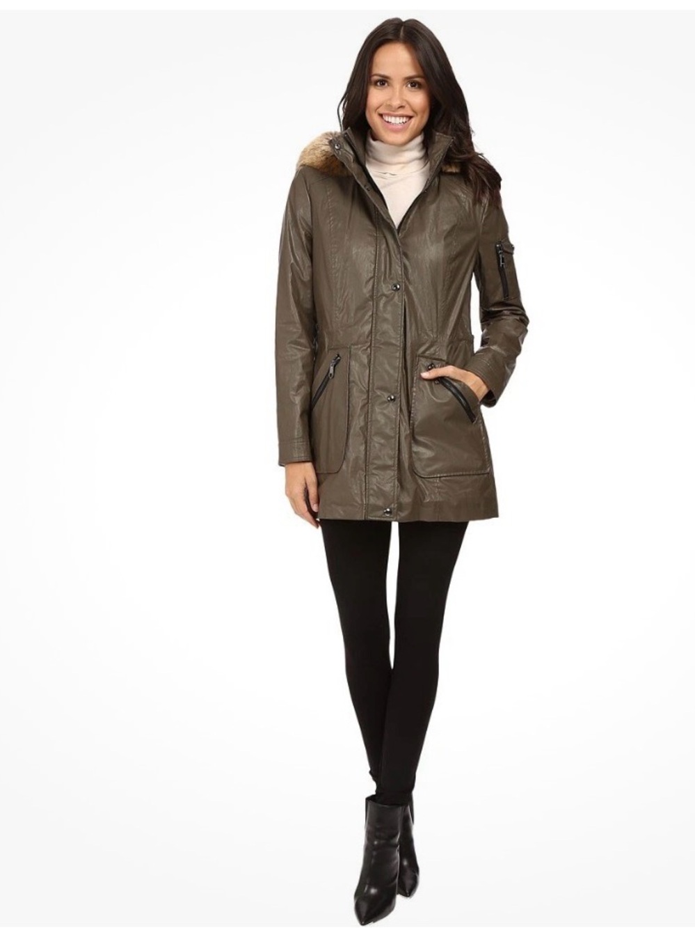 Calvin Klein Womens Hooded
Fur Trim Coated Cotton Water
Resistant